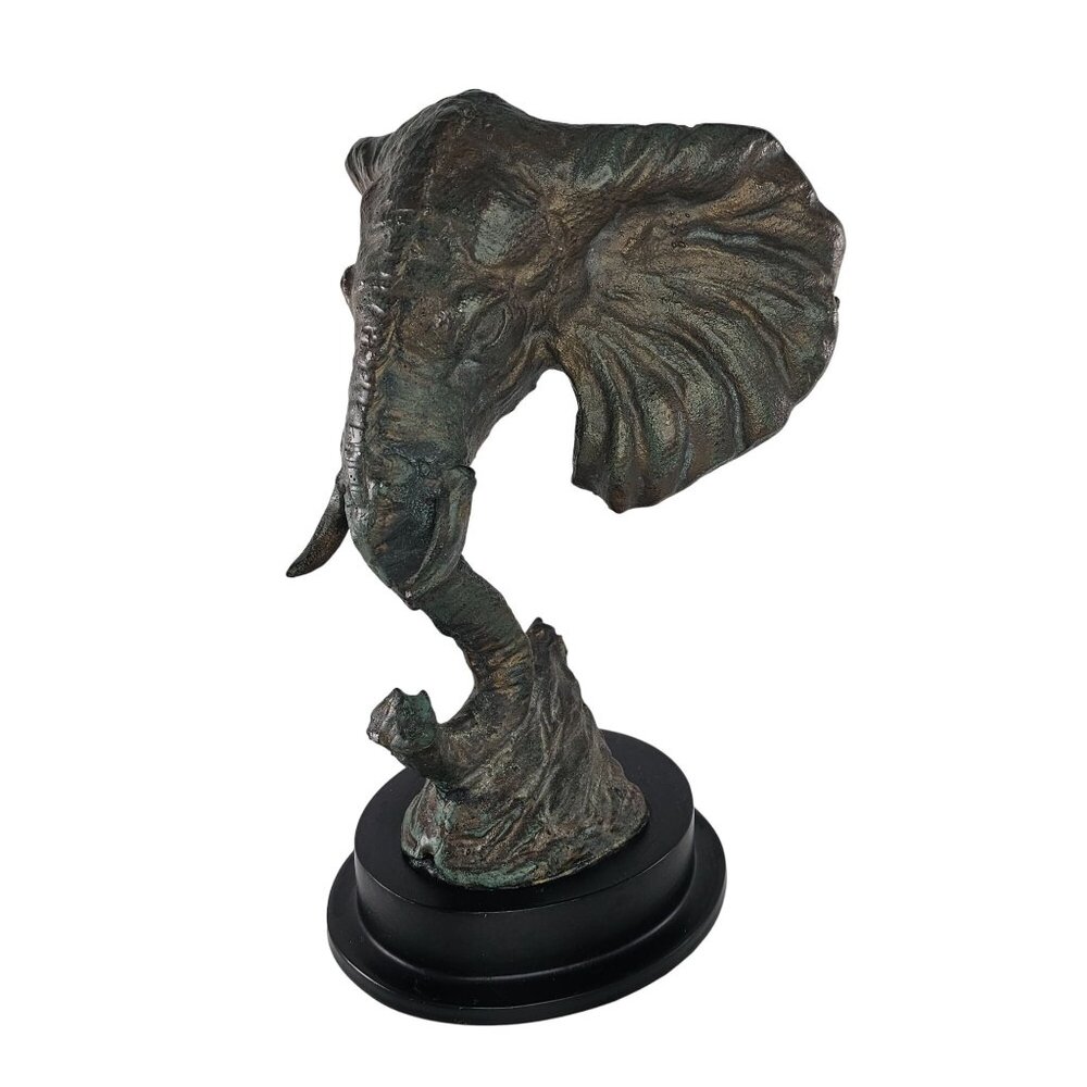 Cast Metal Elephant Head Sculpture On Black Base Bronze Look